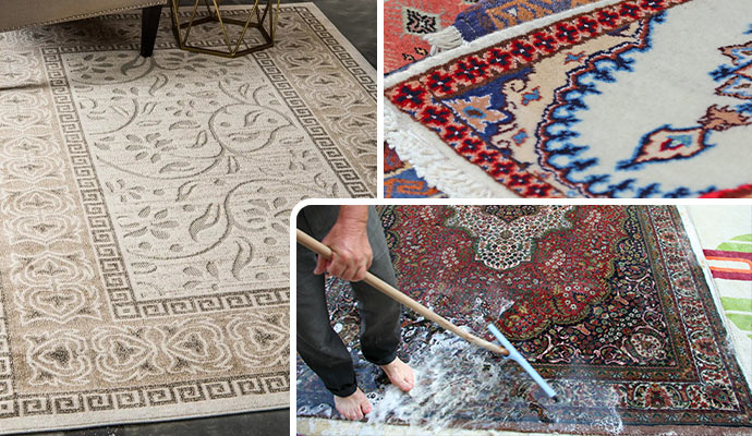 Collage of our rug cleaning process like: inspection, dusting, combing, brushing, and more